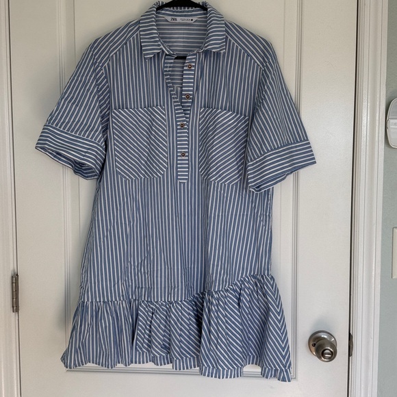 Zara Blue and Cream Striped Mini Dress Ruffle Frill Size Small Oversized - Picture 3 of 9